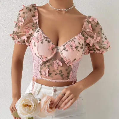 Summer Women Sweet Short Puff Sleeves Mesh Patchwork See-through Crop Top