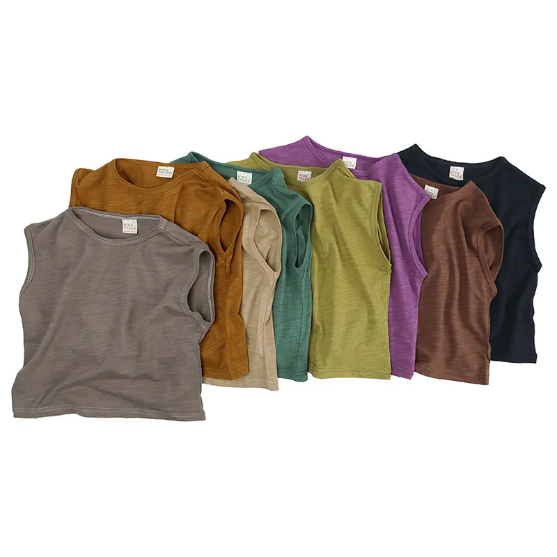 Kids Basic Solid Color Round Neck Sleeveless Loose T-shirt