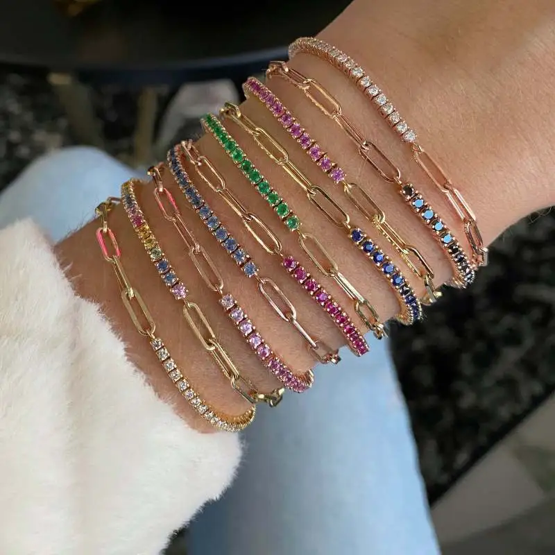 Women Fashion Simple Geometric Exotic Copper Micro-Set Zircon Single Row Thick Chain Bracelet