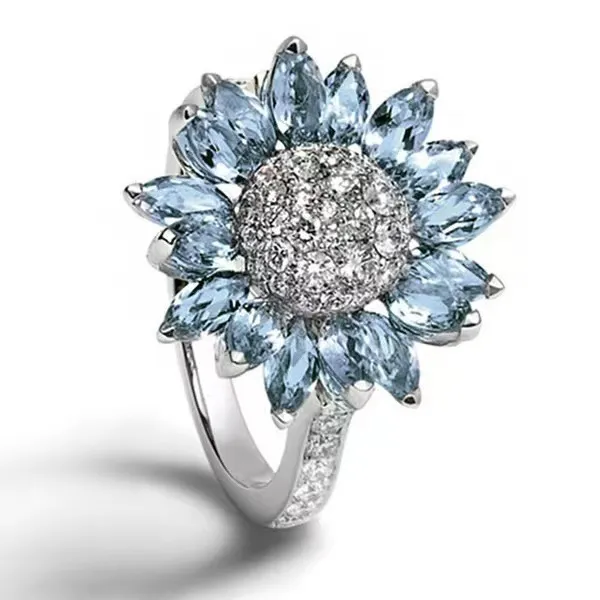 Women Fashion Lt.Blue Zircon Sunflower Crystal Diamond Ring