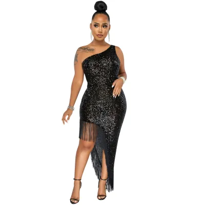 Women Elegant Night Out Fashion Sequined Oblique Shoulder Irregular Side-slit Tassel Bodycon Dress