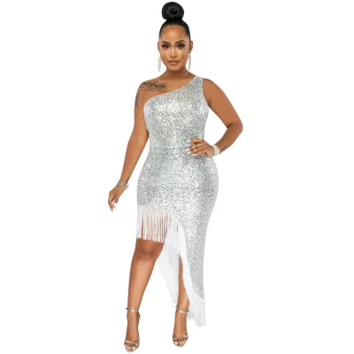 Women Elegant Night Out Fashion Sequined Oblique Shoulder Irregular Side-slit Tassel Bodycon Dress
