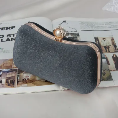 Women Vintage Chic Pearl Decorative Buckle Clutch Evening Bag