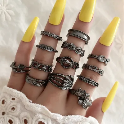 Women Fashion Open Skull Hand Bone Snake Floral Belt Leaf Joint Ring Set