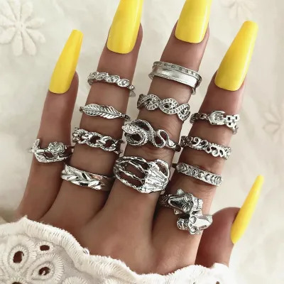 Women Fashion Open Skull Hand Bone Snake Floral Belt Leaf Joint Ring Set