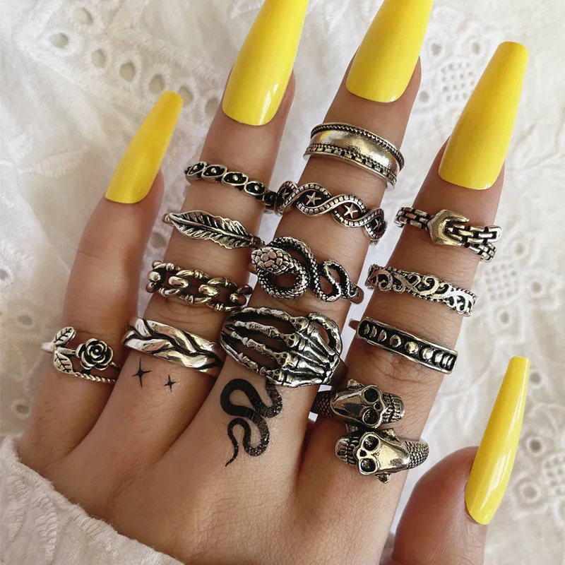 Women Fashion Open Skull Hand Bone Snake Floral Belt Leaf Joint Ring Set