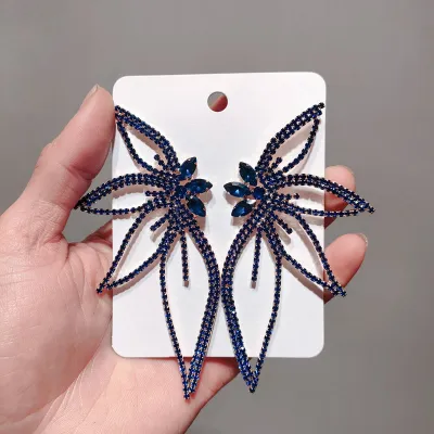 Women Exaggerated Rhinestone Flower Shaped Alloy Drop Earrings