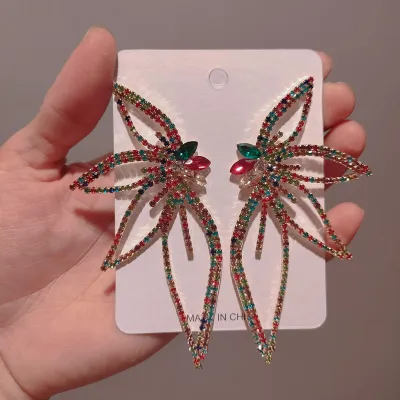 Women Exaggerated Rhinestone Flower Shaped Alloy Drop Earrings