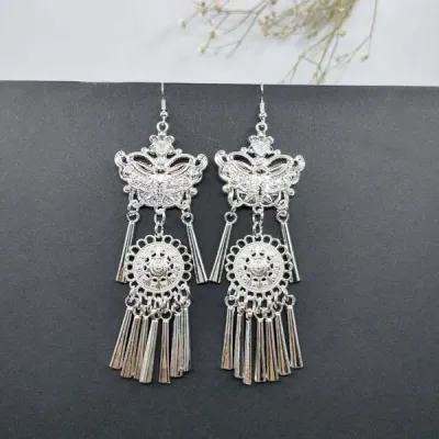 Women Vintage Ethnic Hollow Out Alloy Tassel Drop Earrings