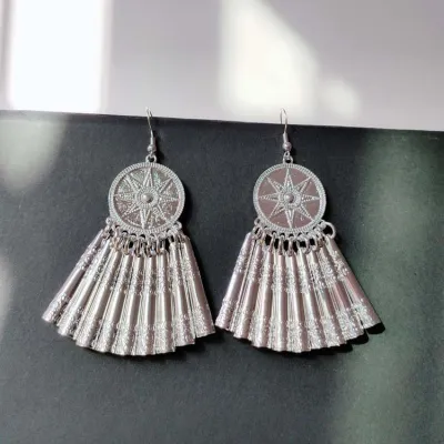Women Vintage Ethnic Hollow Out Alloy Tassel Drop Earrings