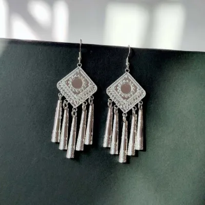 Women Vintage Ethnic Hollow Out Alloy Tassel Drop Earrings