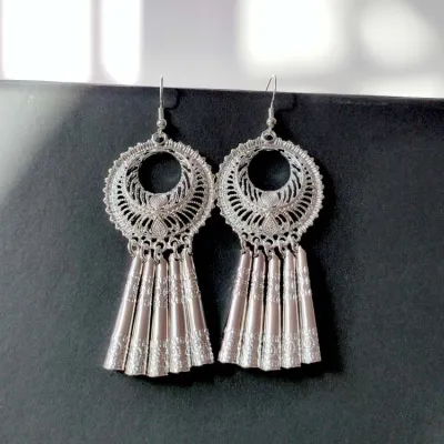 Women Vintage Ethnic Hollow Out Alloy Tassel Drop Earrings