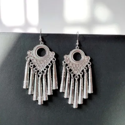 Women Vintage Ethnic Hollow Out Alloy Tassel Drop Earrings