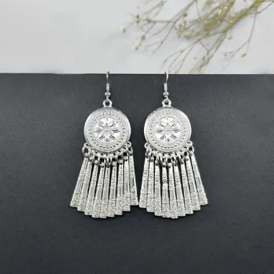 Women Vintage Ethnic Hollow Out Alloy Tassel Drop Earrings
