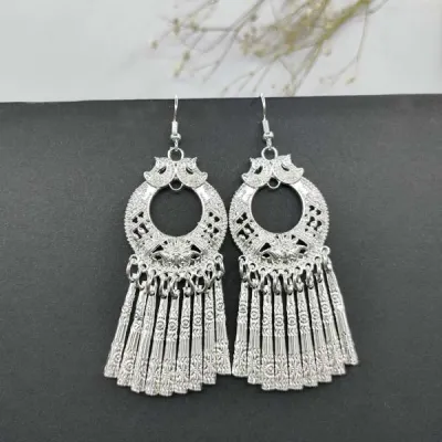 Women Vintage Ethnic Hollow Out Alloy Tassel Drop Earrings