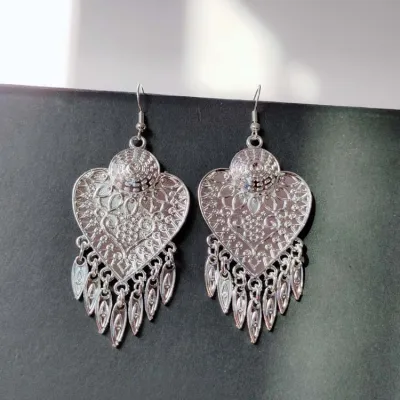 Women Vintage Ethnic Hollow Out Alloy Tassel Drop Earrings