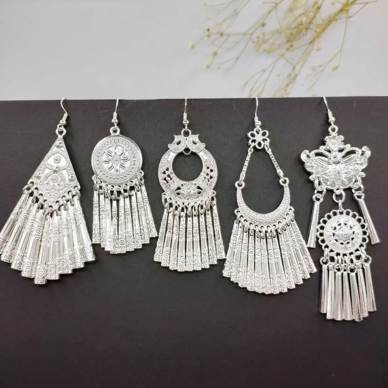 Women Vintage Ethnic Hollow Out Alloy Tassel Drop Earrings