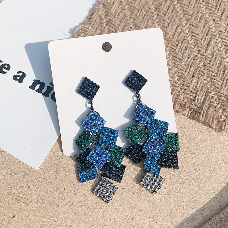 Women Exaggerated Square Rhinestone Color Blocking Drop Earrings