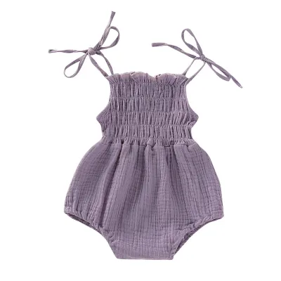 Baby Girls Solid Color Sleeveless Elastic Romper Hippie Style Cotton Hemp Blend Pullover