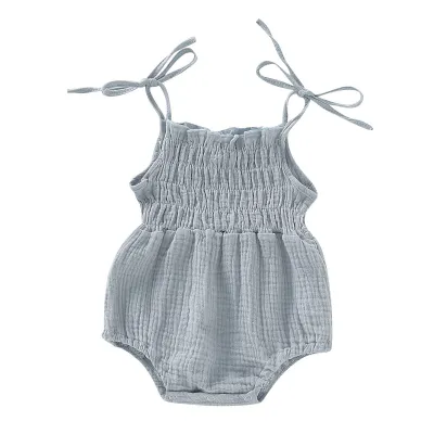 Baby Girls Solid Color Sleeveless Elastic Romper Hippie Style Cotton Hemp Blend Pullover