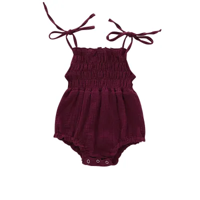 Baby Girls Solid Color Sleeveless Elastic Romper Hippie Style Cotton Hemp Blend Pullover