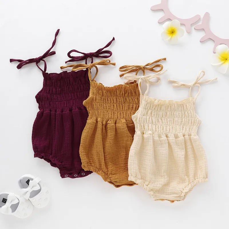 Baby Girls Solid Color Sleeveless Elastic Romper Hippie Style Cotton Hemp Blend Pullover