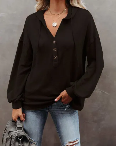 Women Casual Solid Color Long Sleeves Hooded Loose Top