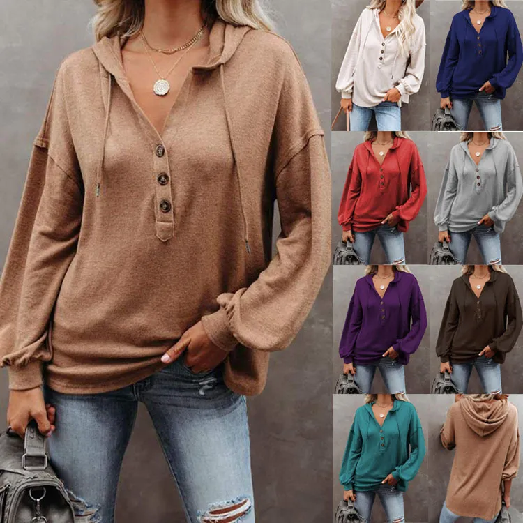 Women Casual Solid Color Long Sleeves Hooded Loose Top