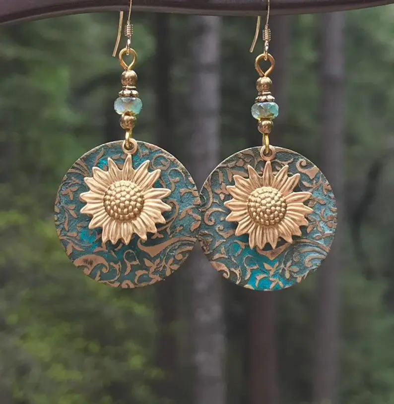 Women Bohemian Sunflower Color Blocking Drop Earrings