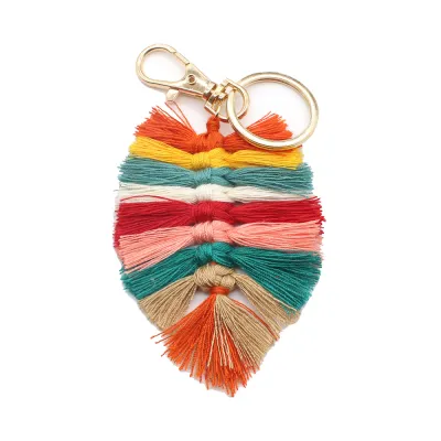 Women Fashion Leaf Hand Woven Cotton Rope Tassel Keychain