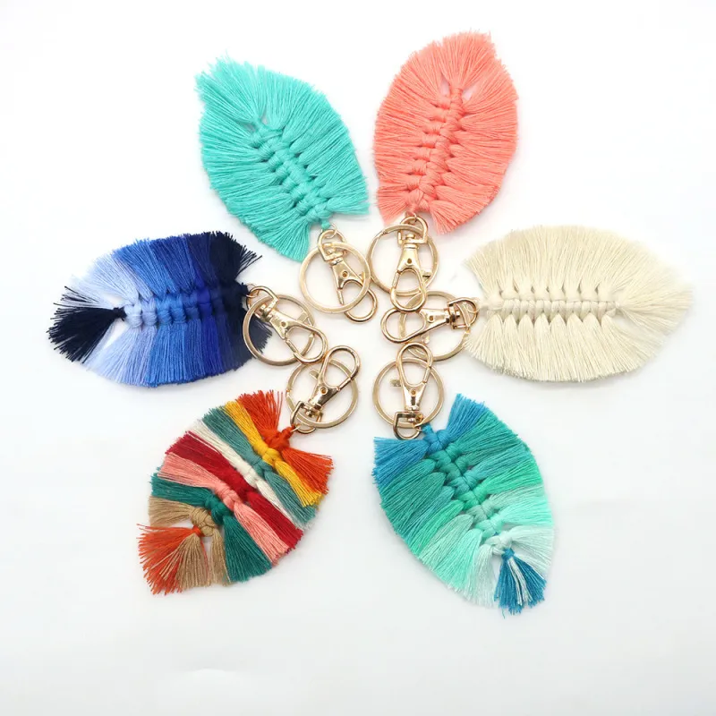 Women Fashion Leaf Hand Woven Cotton Rope Tassel Keychain