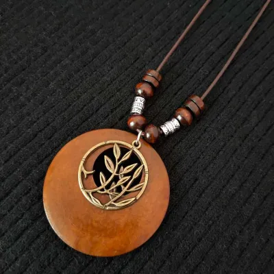 Unisex Retro Ethnic Style Wooden Alloy Leaf Pendant Long Necklace