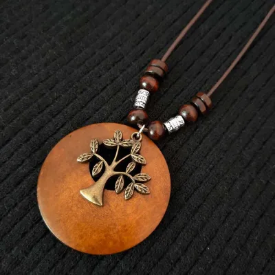 Unisex Retro Ethnic Style Wooden Alloy Leaf Pendant Long Necklace