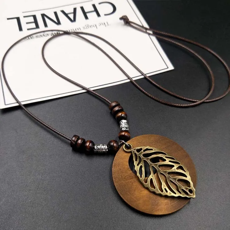 Unisex Retro Ethnic Style Wooden Alloy Leaf Pendant Long Necklace