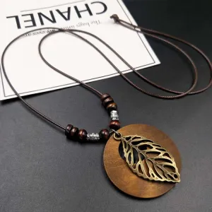 Unisex Retro Ethnic Style Wooden Alloy Leaf Pendant Long Necklace