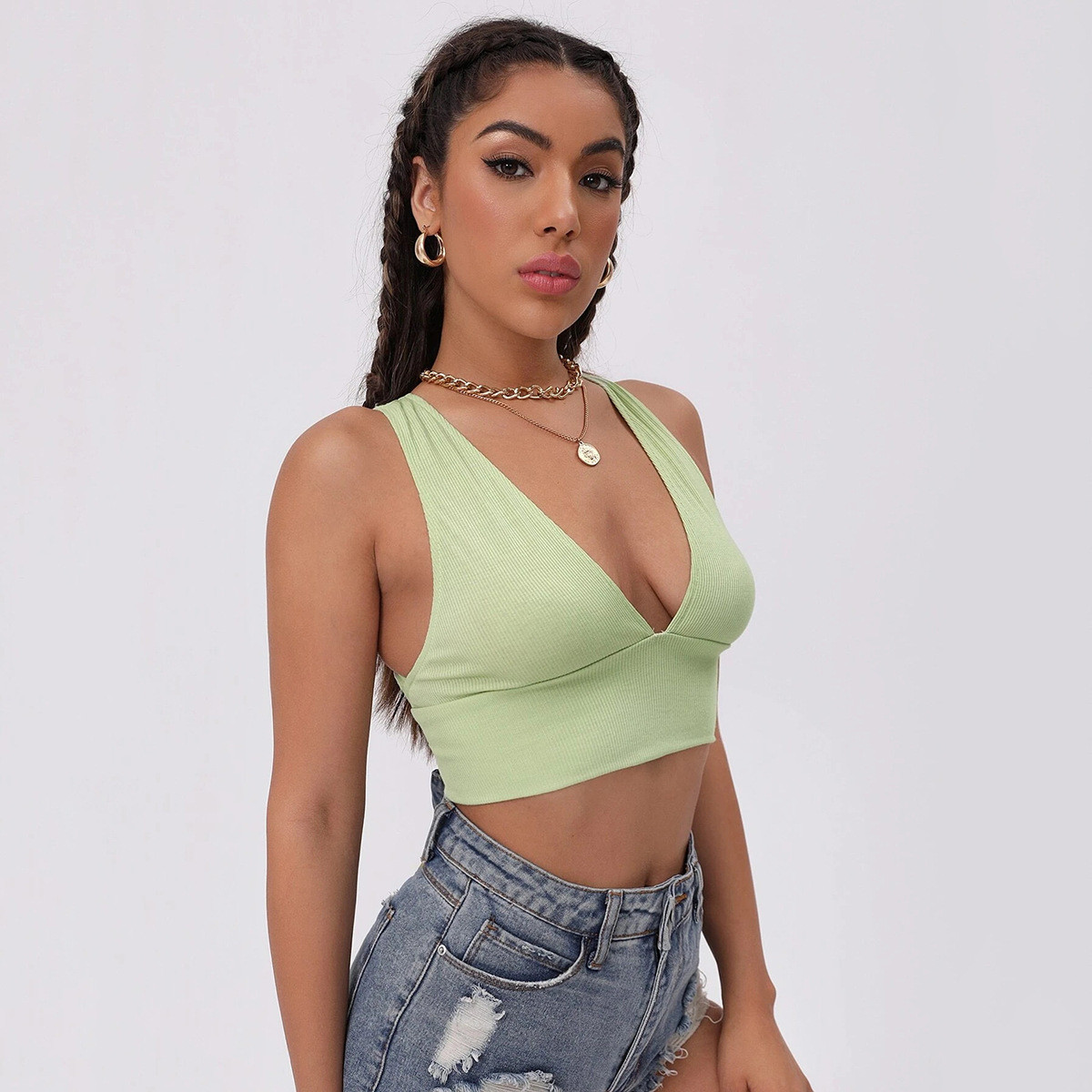 Wholesale Summer Women Sexy Edgy Solid Color V Neck Crop