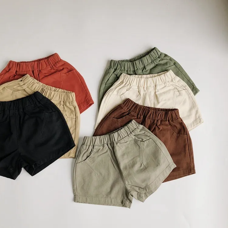 Kids Basic Solid Color Elastic Waist Cotton Shorts Unisex
