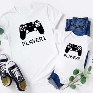Player1 Player2 Video Game Pattern Print Parent-Child Dress Father-Son Round Neck Loose Cotton Short Sleeve Top