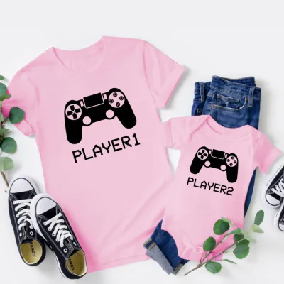 Player1 Player2 Video Game Pattern Print Parent-Child Dress Father-Son Round Neck Loose Cotton Short Sleeve Top