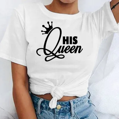 Funny Couple King Queen Crown Cartoon Font Cotton T-Shirt for Valentine Party
