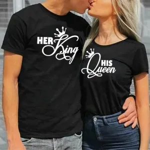 Funny Couple King Queen Crown Cartoon Font Cotton T-Shirt for Valentine Party