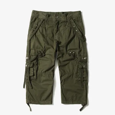 Wholesale Men Plus Size Safari Multi Pocket Cotton Shorts Zipper Fly Mid Waist Straight Knee Length Summer Casual Solid