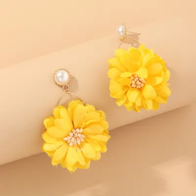 Women Chic Fabric Floral Imitation Pearl Drop Earrings