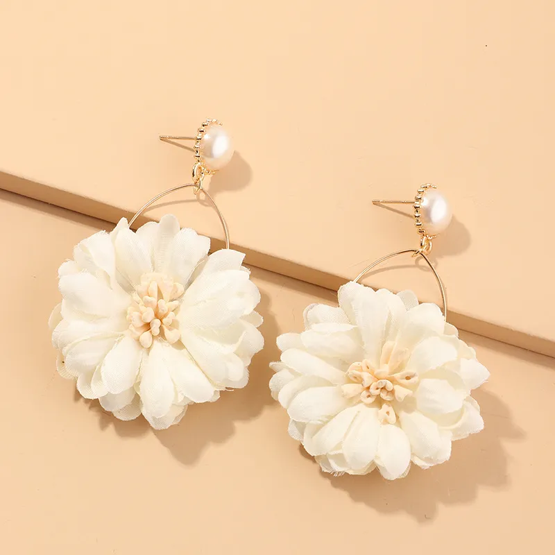 Women Chic Fabric Floral Imitation Pearl Drop Earrings
