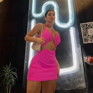 Women Nightclub Edgy Sleeveless Solid Color Cut Out Bandage Sexy One-Shoulder Dress