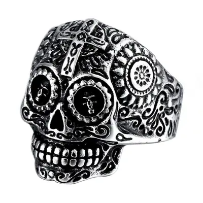 Men Fashion Halloween Carved Cross Skull Ring Metal Gothic S-5XL