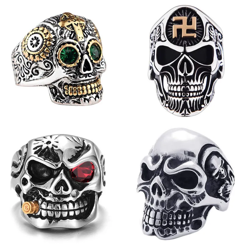 Men Fashion Halloween Carved Cross Skull Ring Metal Gothic S-5XL