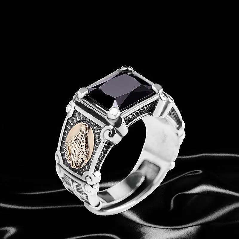 Wholesale Men Vintage Rhodium Plated Hip Hop Faux Black Onyx Virgin Mary Open Adjustable Rings