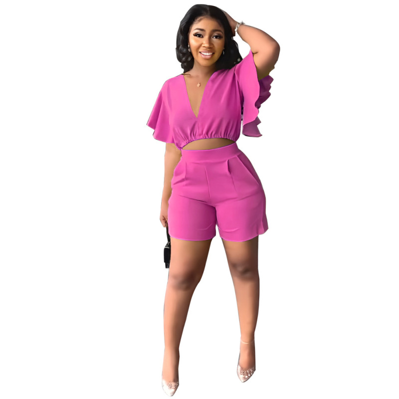 Wholesale Women Ruffle Short V-Neck Top And Casual Shorts