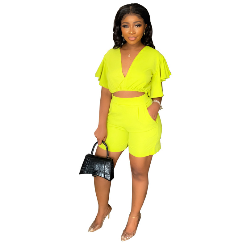 Wholesale Women Ruffle Short V-Neck Top And Casual Shorts